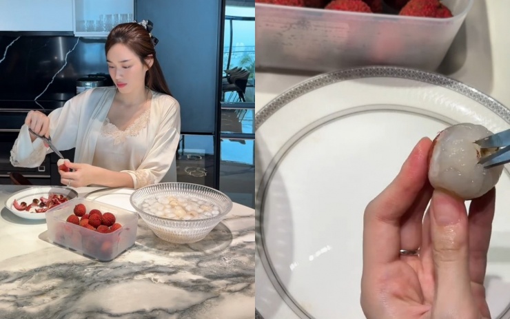 Vải thiều rửa sạch, bóc vỏ, bỏ hạt rồi ngâm phần cùi vào nước lọc sạch để giữ độ trắng và tươi.