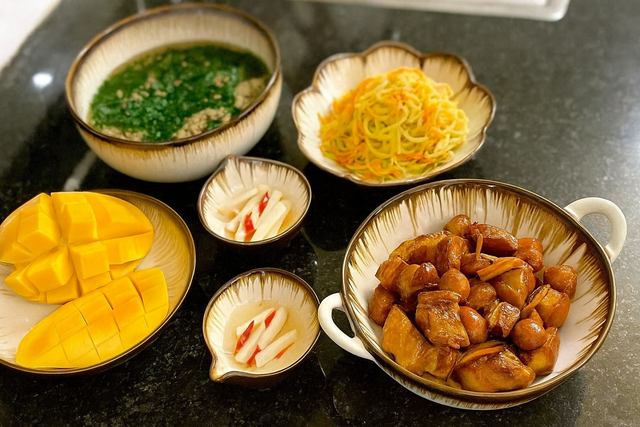 Món ăn ngon trong mâm cơm này có: Thịt kho trứng cút + su hào xào cà rốt + canh cua + xoài tráng miệng.