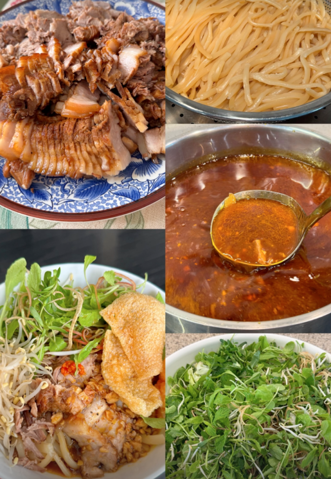 Nguyên liệu cho món cao lầu của Tăng Thanh Hà: sợi mì, thịt xá xíu, nước xốt, rau sống, giá đỗ,...