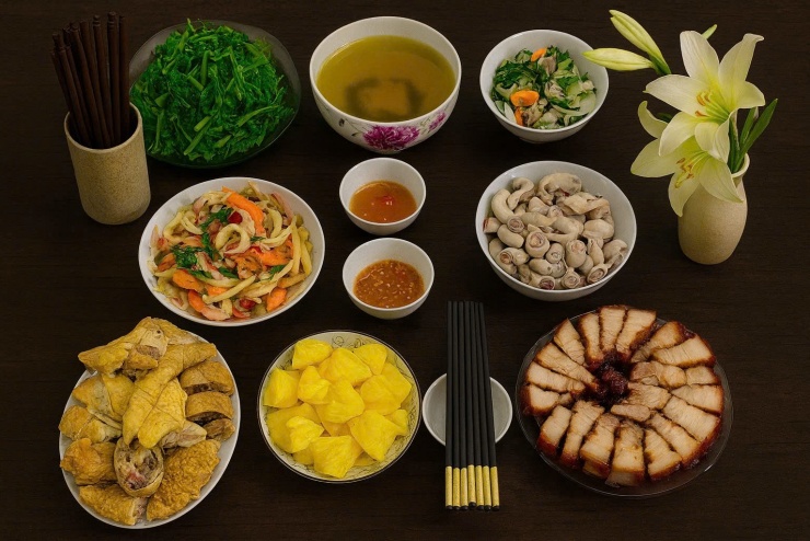 Thịt quay giòn bì + gà luộc + mực xào hải sản + rau luộc + nước rau luộc + lòng heo luộc + dứa.