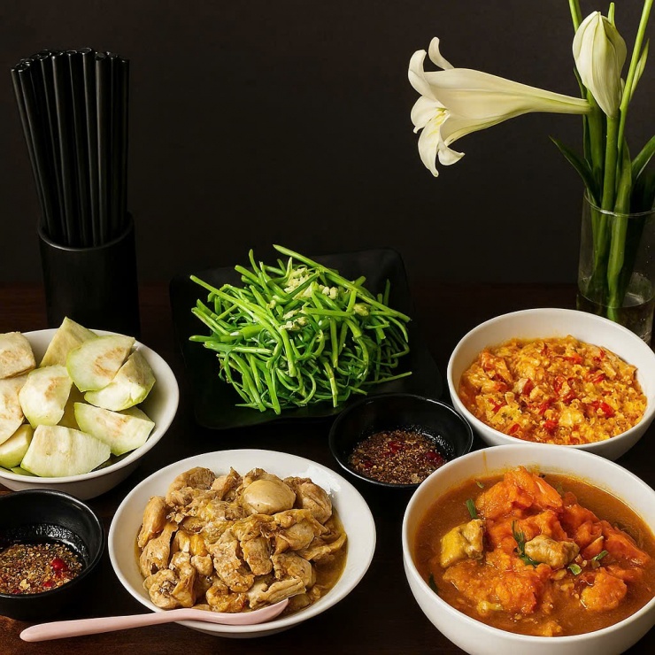 Rau xào + đậu sốt cà chua + gà rang + trứng cà chua + ổi.