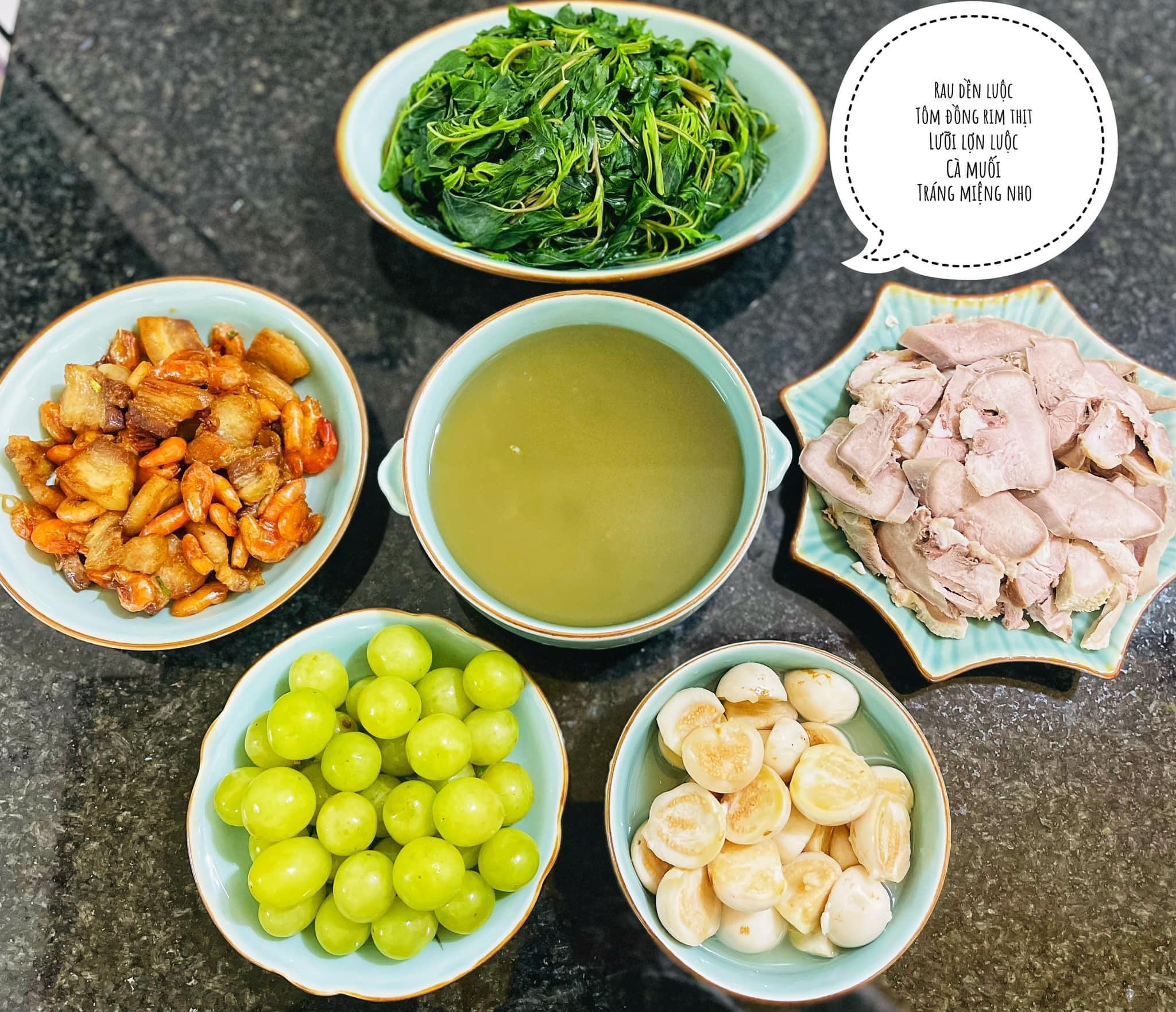 Rau dền luộc - Lưỡi lợn luộc - Tôm rang thịt