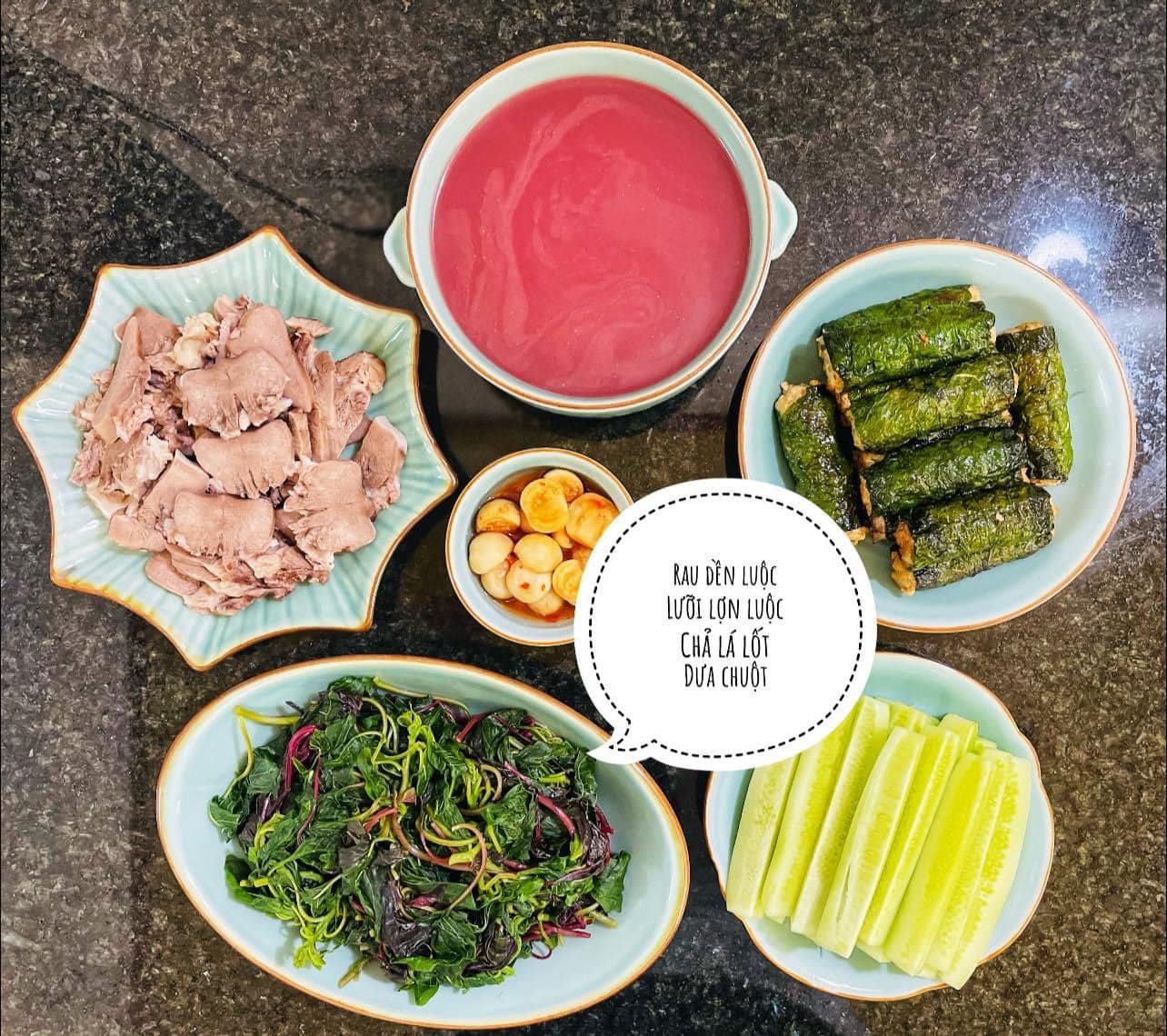 Lưỡi lợn luộc - Chả lá lốt - Rau dền luộc