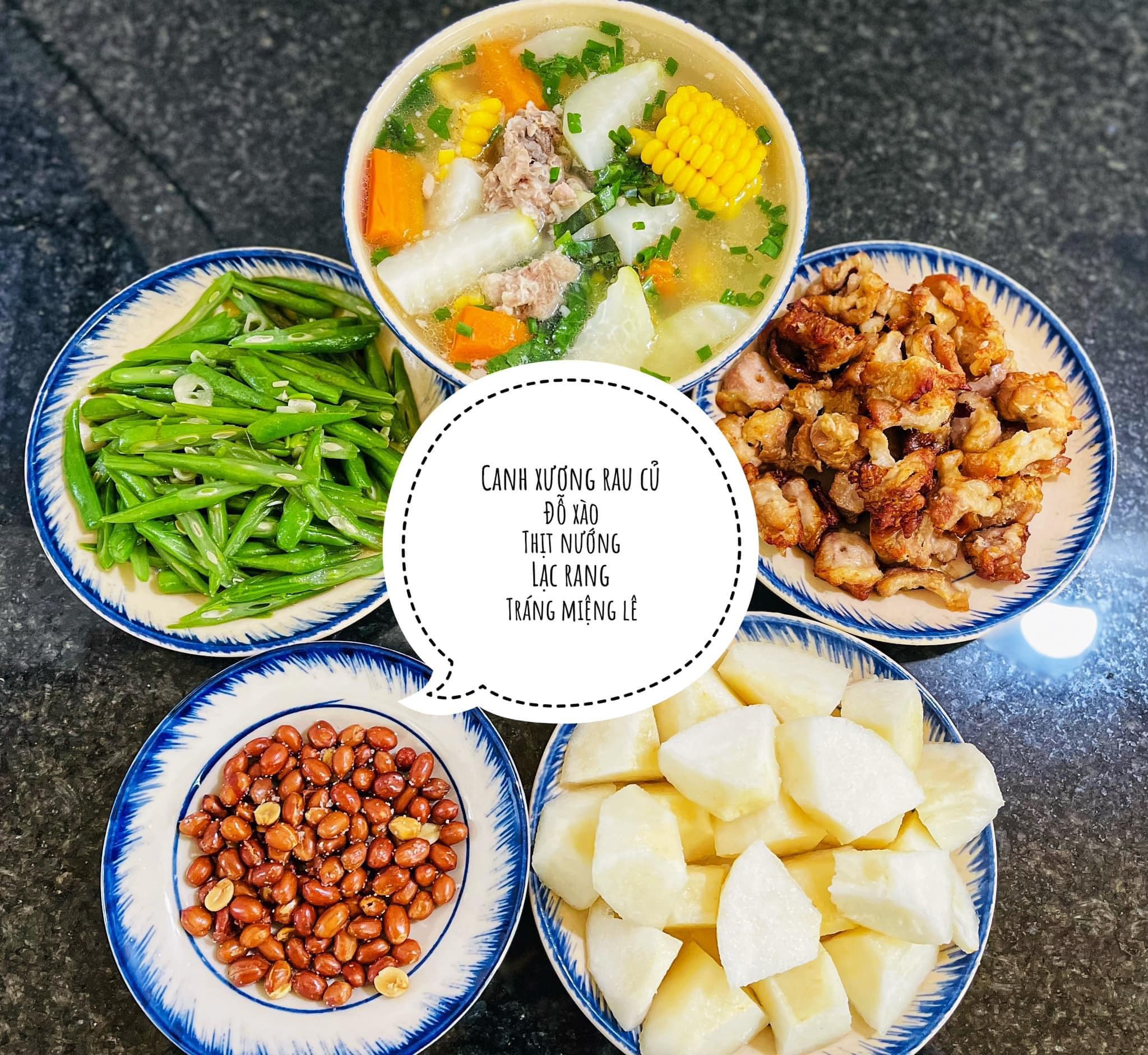 Canh sườn củ quả - Chả nướng - Đỗ xào - Lạc rang